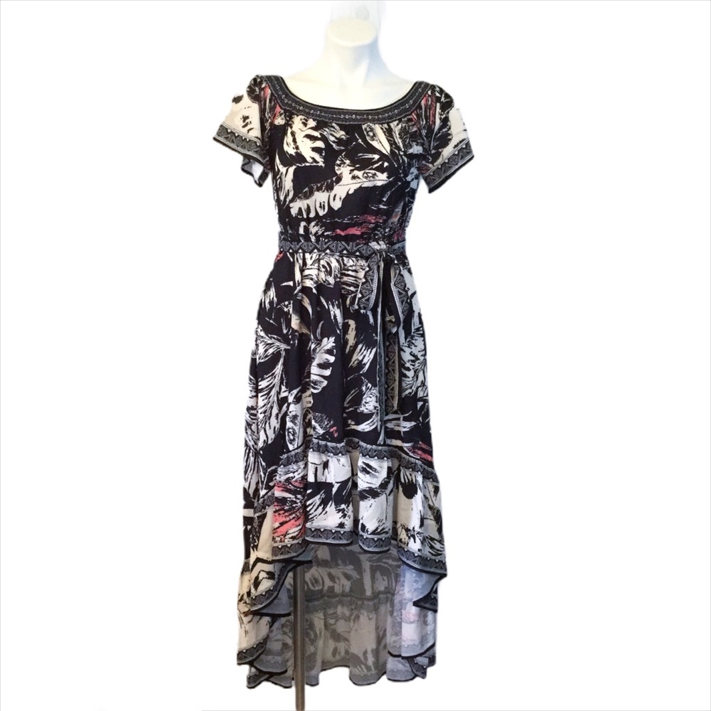 Flying Tomato Black Cream Floral High-Low Off-Shoulder Dress - Picture 3 of 11